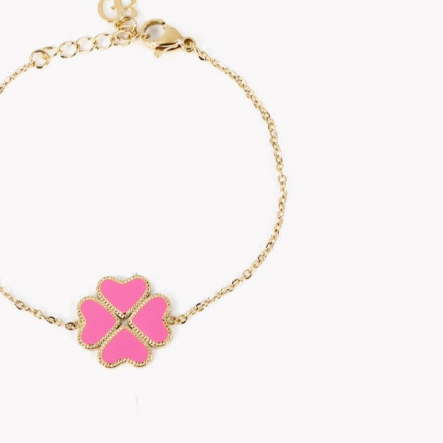 Clover and pink heart steel bracelet