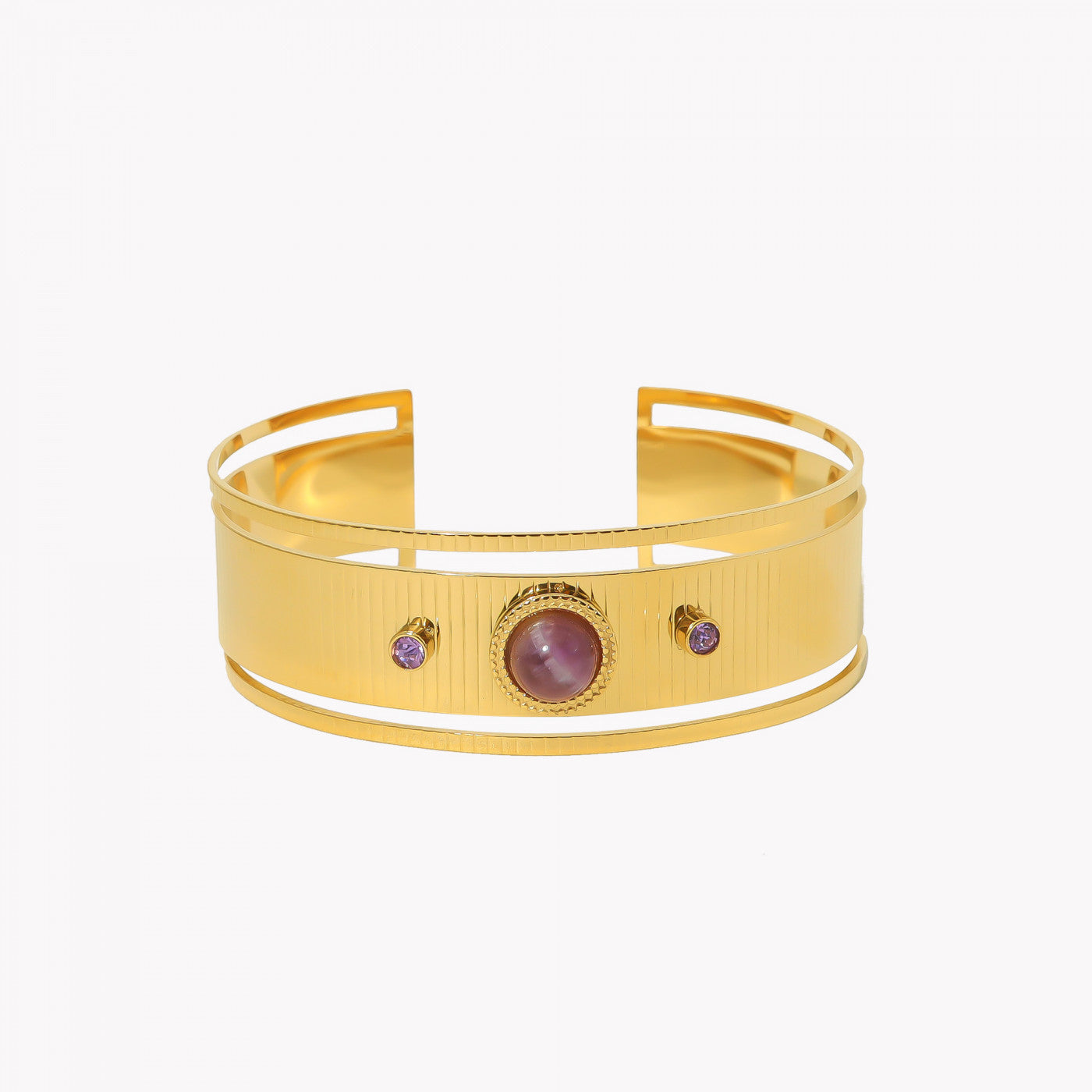 Brazalete acero rayado con piedras lilas oro
