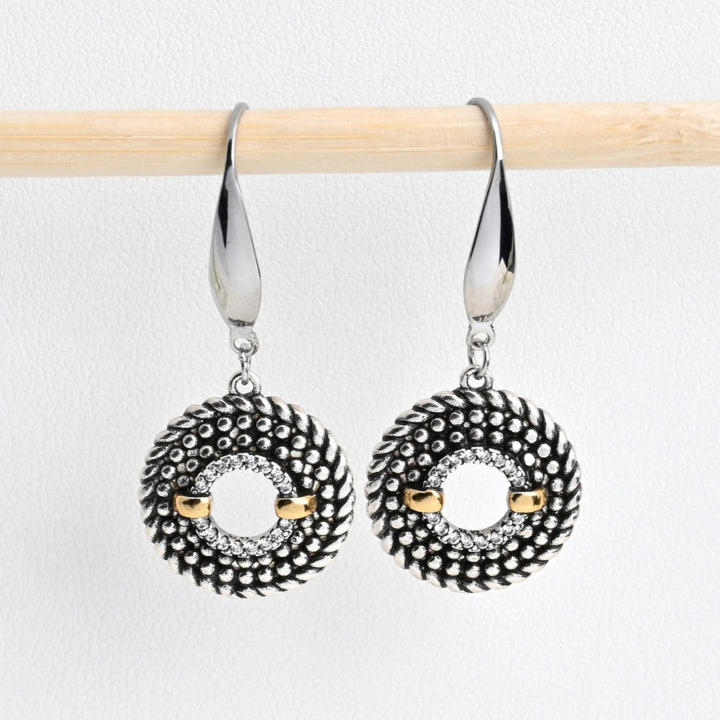 Pendientes de rodio con círculos brillantes plata y detalles oro - mbyou