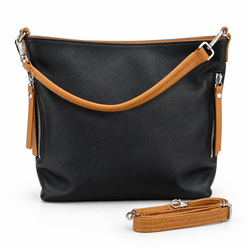 Bolso shopper piel 100% auténtica negro y camel combinado