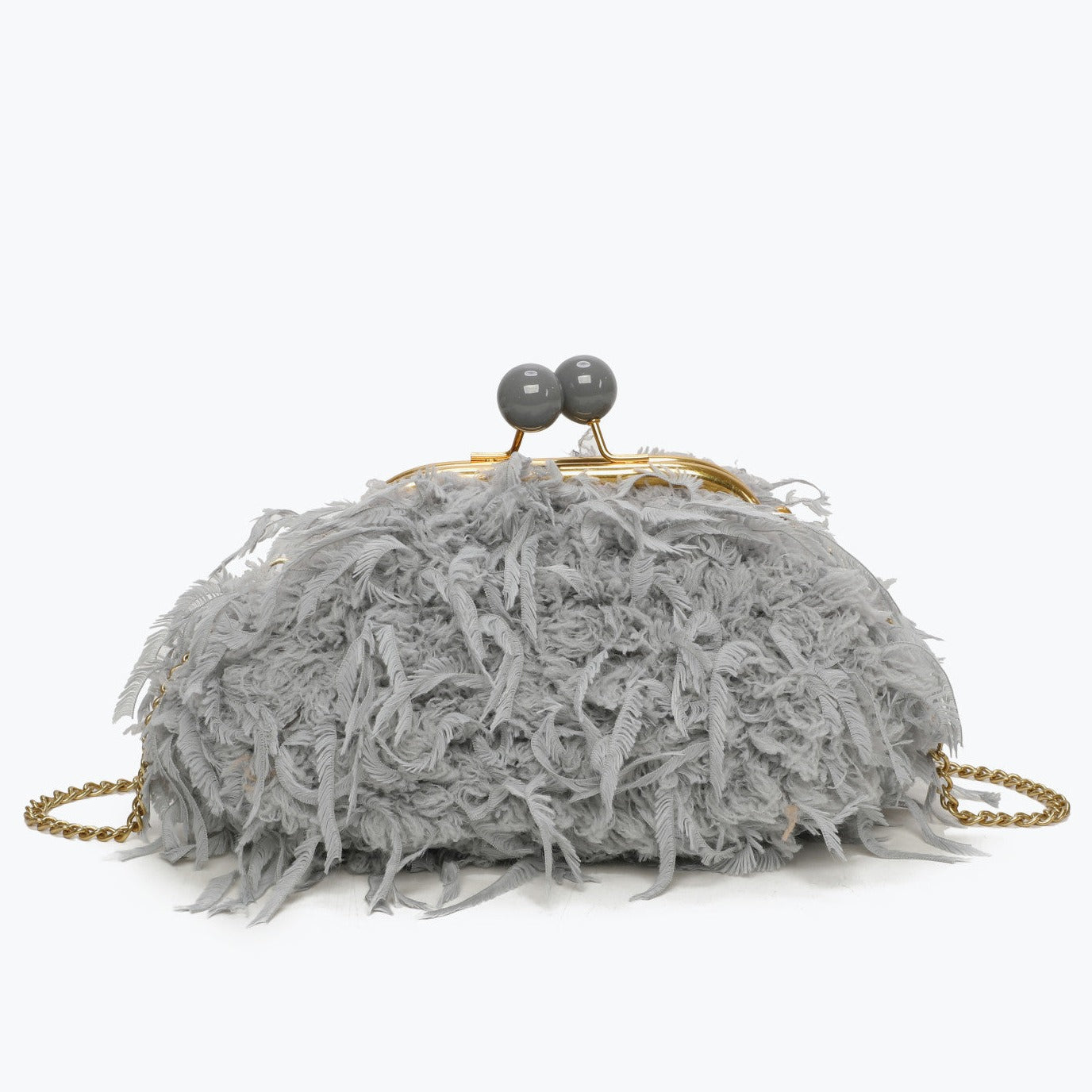 Bolso fiesta de mano con plumas gris claro
