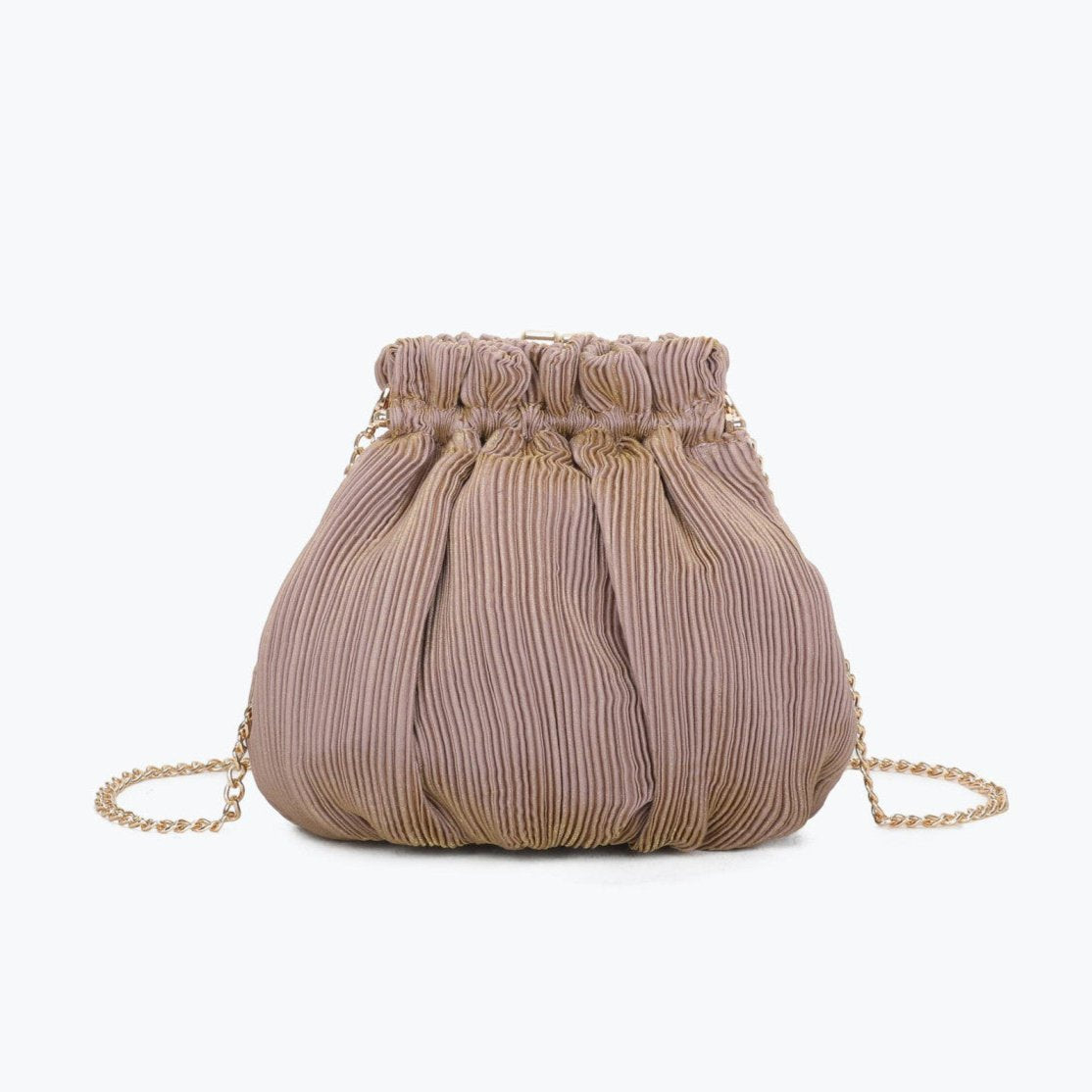 Bolso de fiesta limosnera con tejido arrugado atornasolado rosa nude y destellos dorados - mbyou