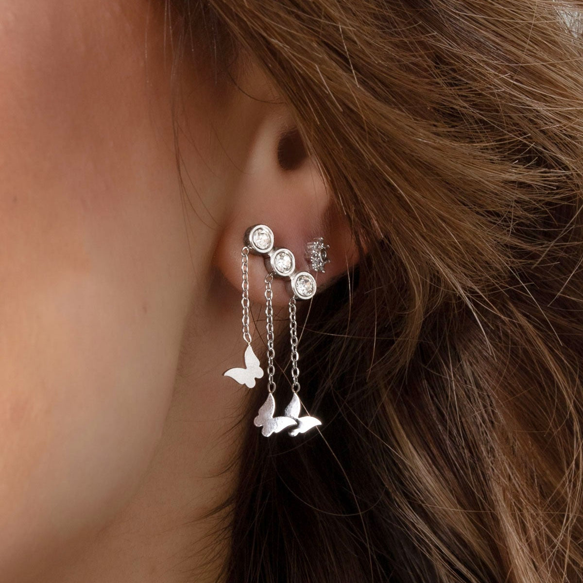Pendientes acero brillis naranja y rosa con trío de mariposas colgantes oro - mbyou