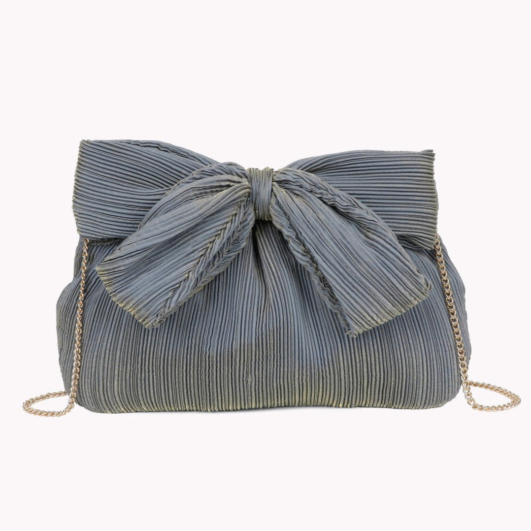 Bolso de fiesta tejido arrugado con lazo tipo limosnera azul atornasolada en dorado - mbyou