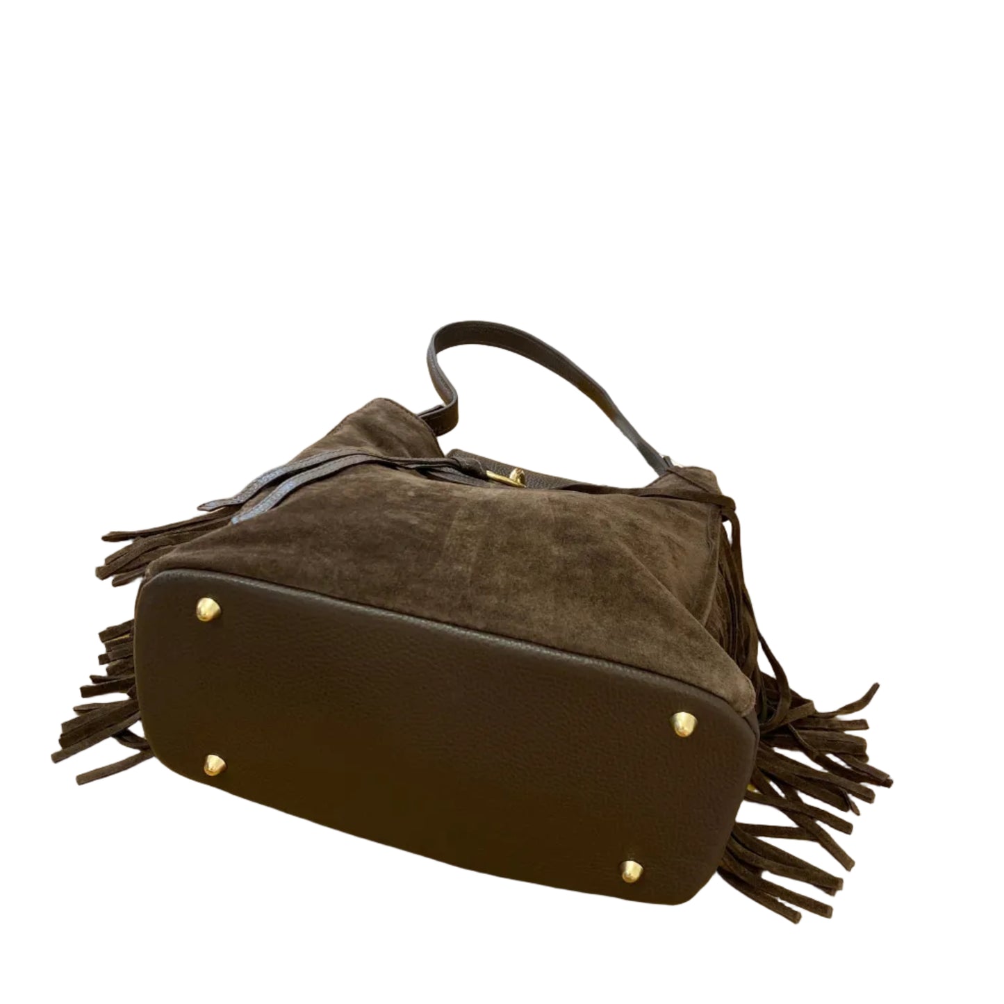 Bolso de mano y bandolera piel 100% ante con flecos color chocolate