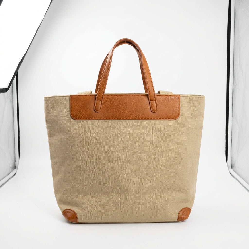 Bolso tipo tote bag de loneta con doble asa en beige y marrón