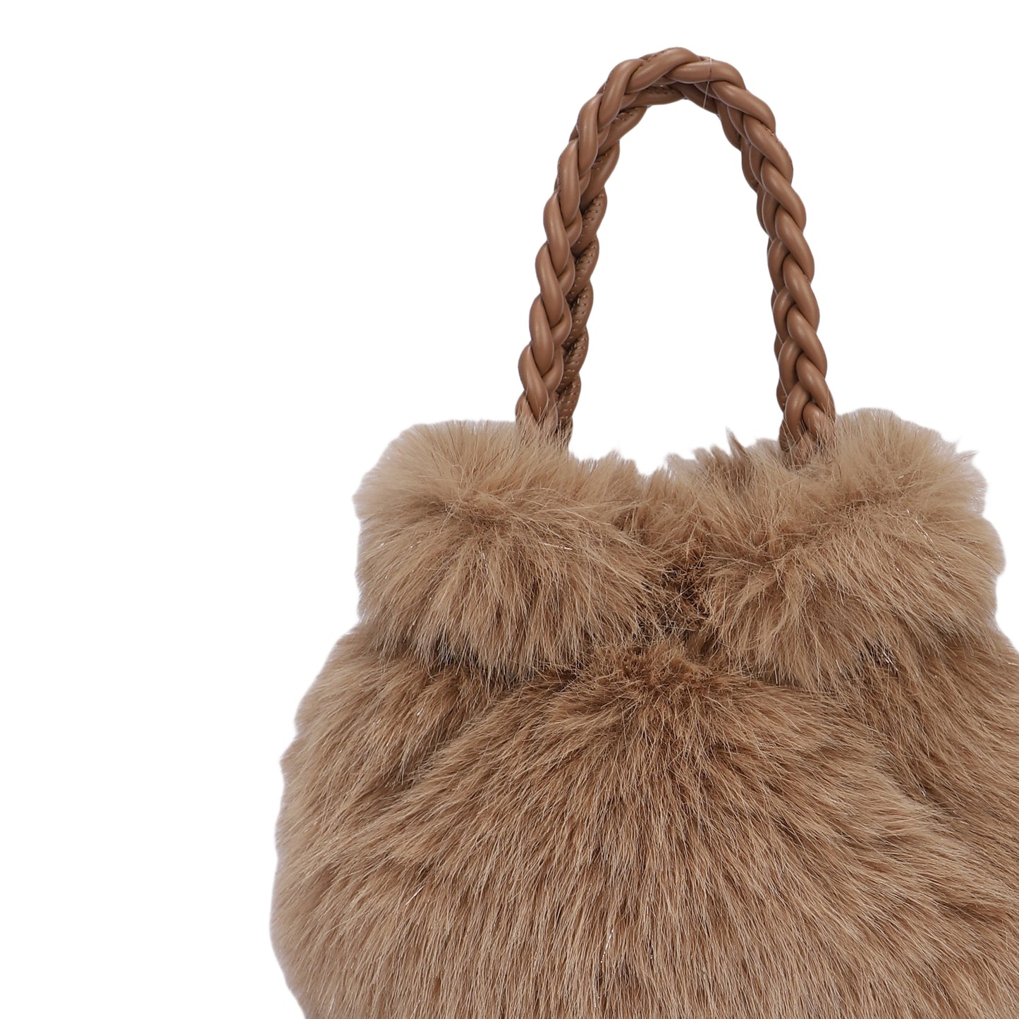 Bolso de mano o bandolera con pelaje en color marrón claro y el asa trenzada - mbyou