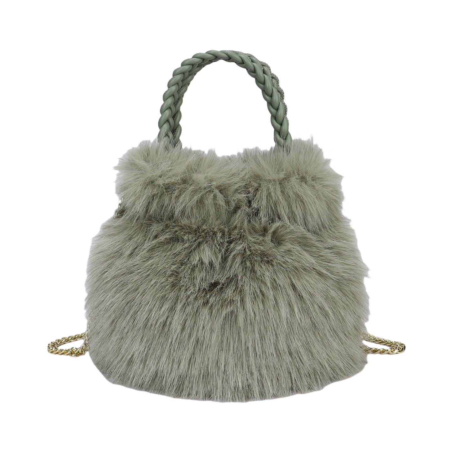 Bolso de mano y bandolera tipo limosnera con pelaje en color verde y el asa trenzada - mbyou