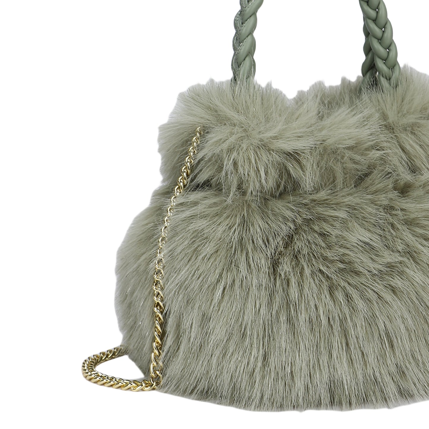 Bolso de mano y bandolera tipo limosnera con pelaje en color verde y el asa trenzada - mbyou