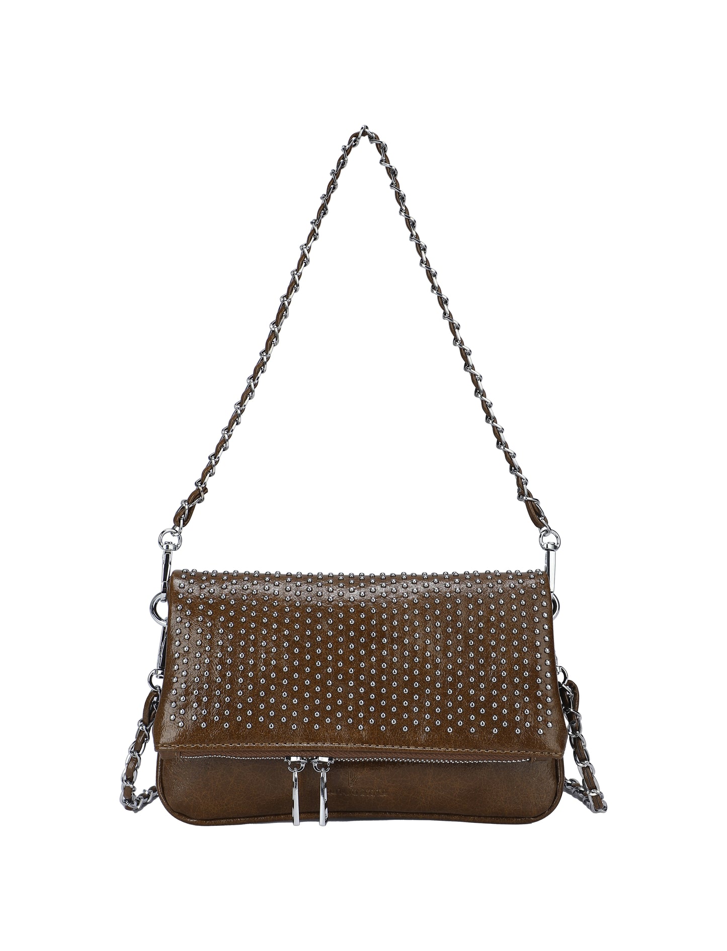 Bolso de mano y bandolera con tachuelas plateadas y solapa con cremallera en color marrón chocolate - mbyou