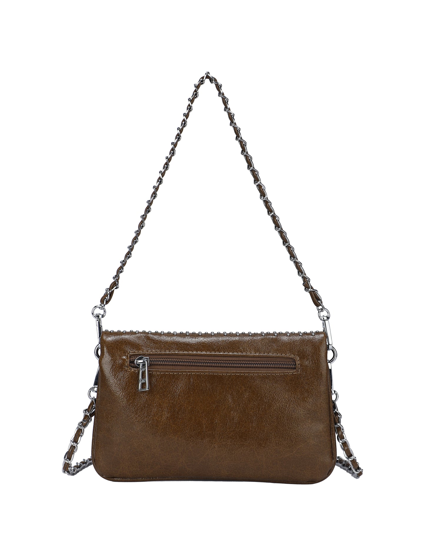 Bolso de mano y bandolera con tachuelas plateadas y solapa con cremallera en color marrón chocolate - mbyou