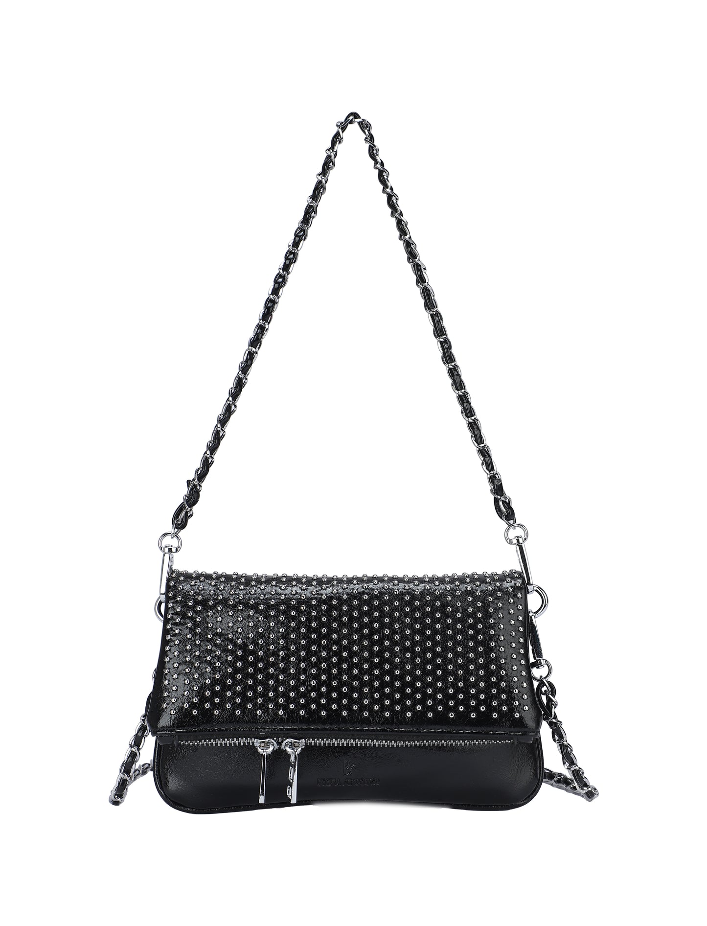 Bolso de mano y bandolera con tachuelas plateadas y solapa en color negro - mbyou