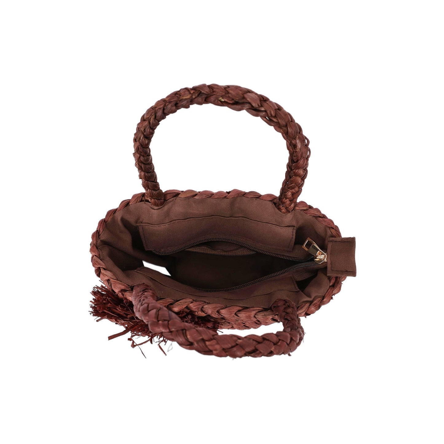 Bolso bucket con asas y flor color chocolate