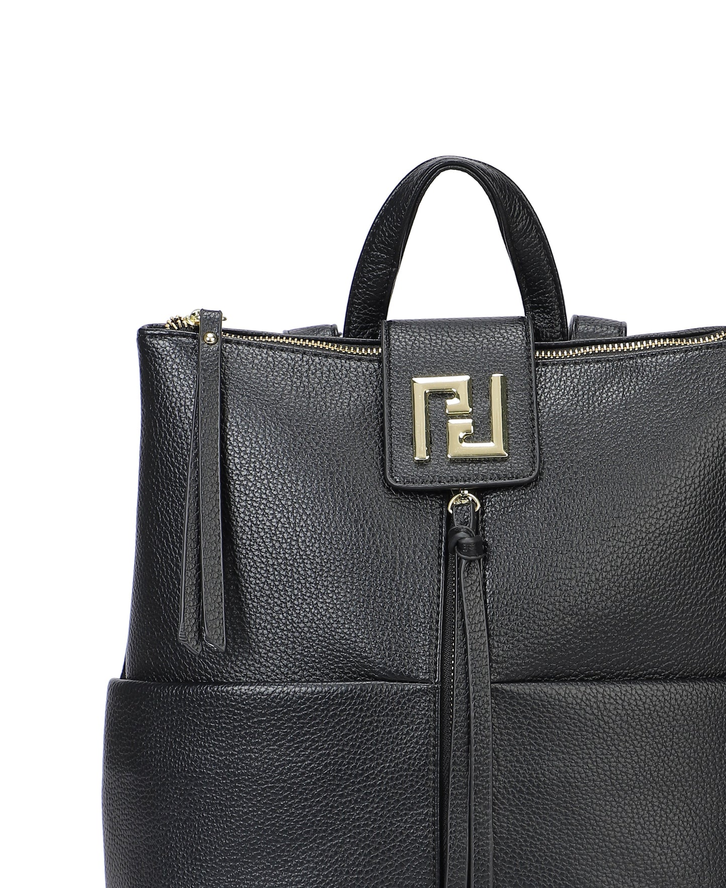 Mochila cuadrada efecto piel con cierre cremallera y detalles dorados color negro -mbyou