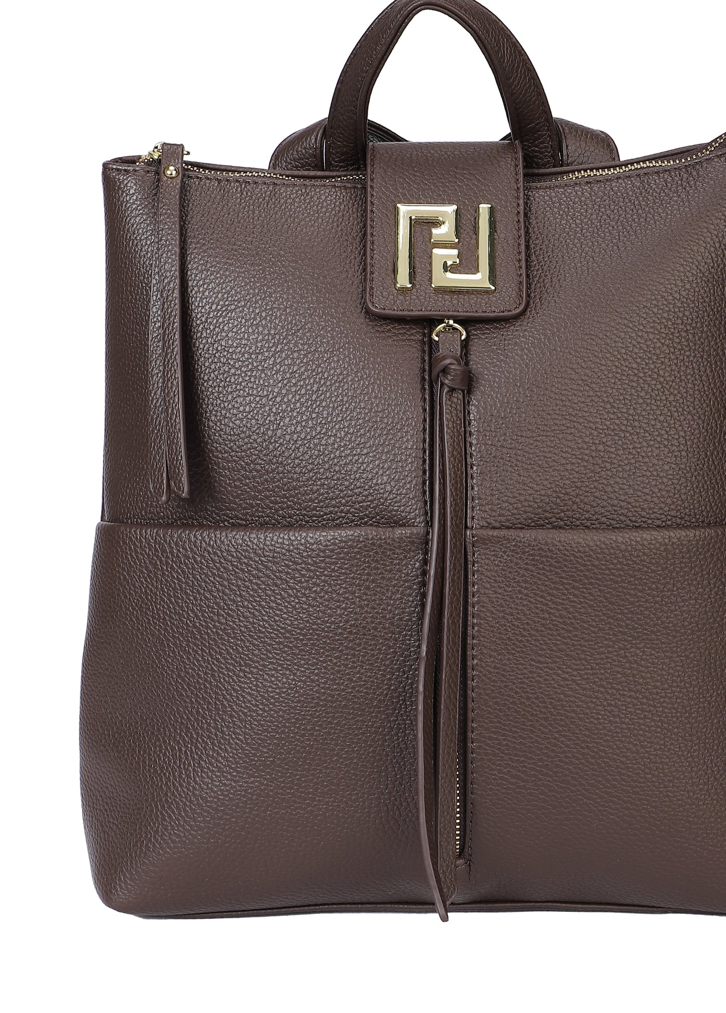 Mochila cuadrada efecto piel con cierre cremallera y detalles dorados color chocolate -mbyou