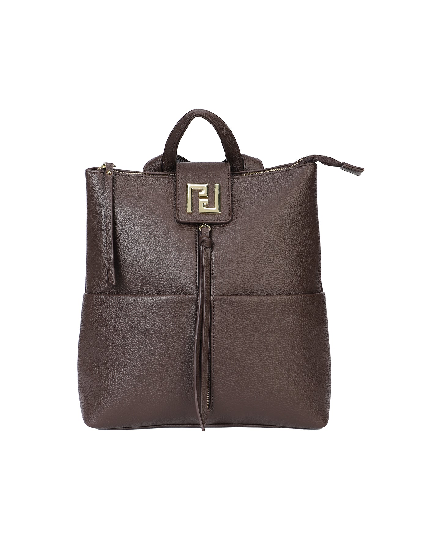 Mochila cuadrada efecto piel con cierre cremallera y detalles dorados color chocolate -mbyou