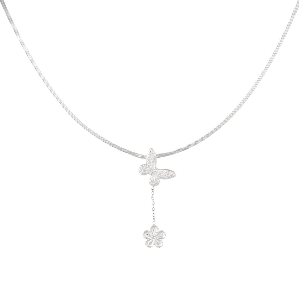 Collar acero de cadena plana con colgante mariposa y flor acabado plata - mbyou