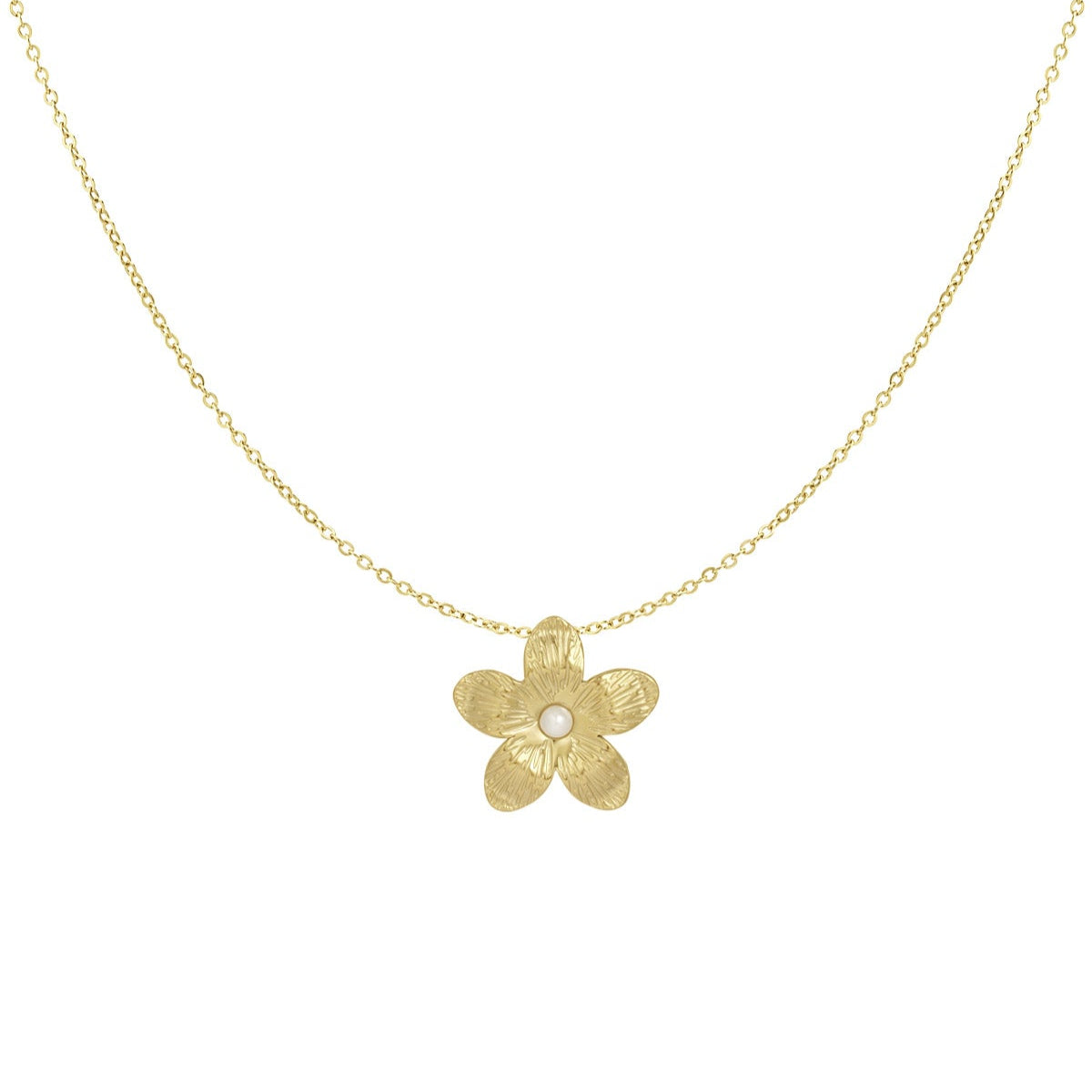 Collar de acero inoxidable cadena fina colgante de flor con perla acabado oro - mbyou