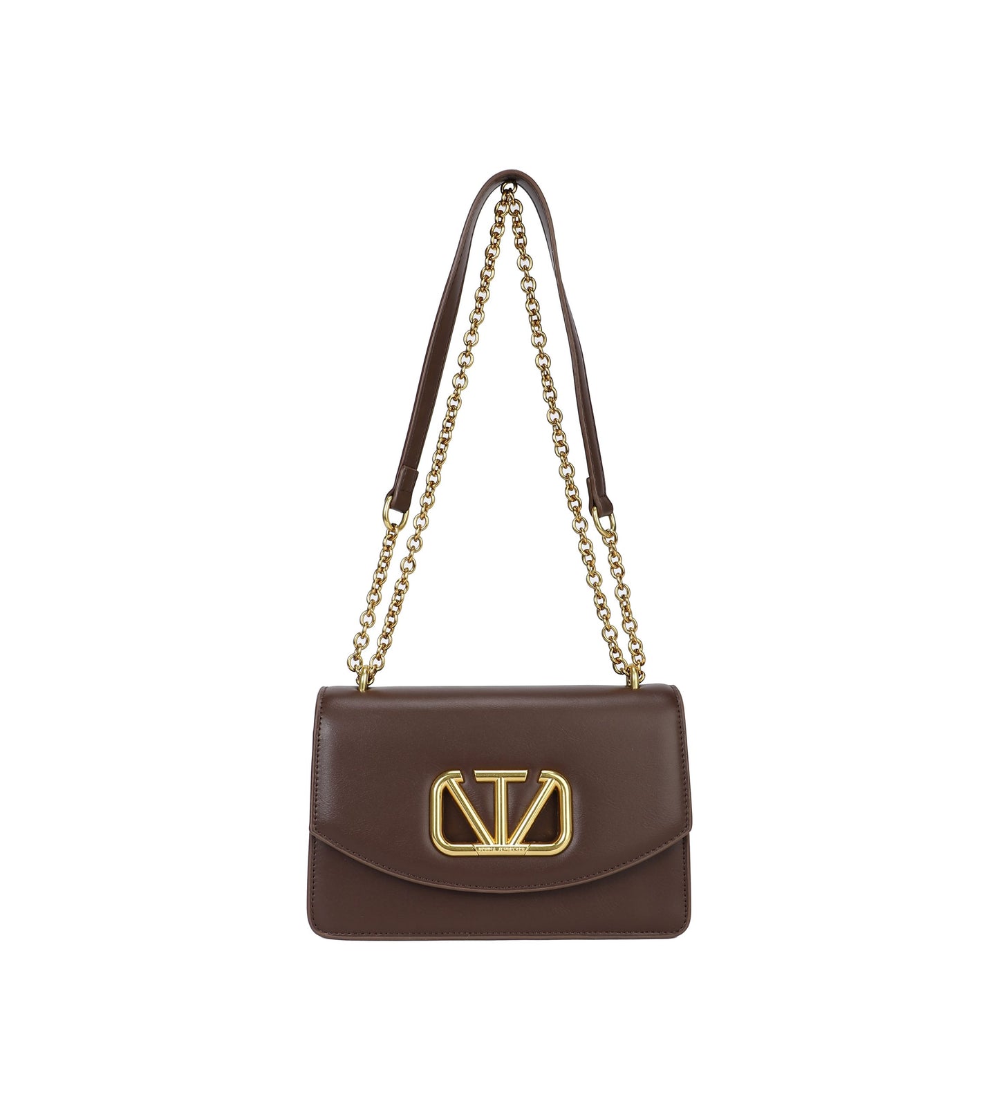 Bolso bandolera rígido con solapa y detalle de logo dorado color marrón chocolate - mbyou