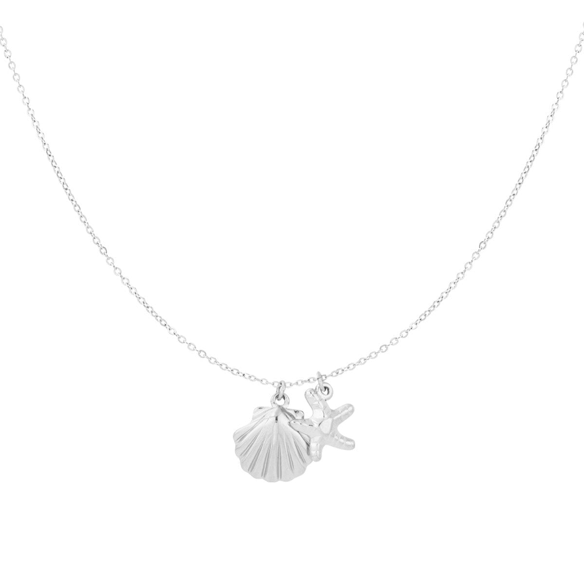 Collar de acero cadena fina colgantes de concha y estrella marina acabado plata - mbyou