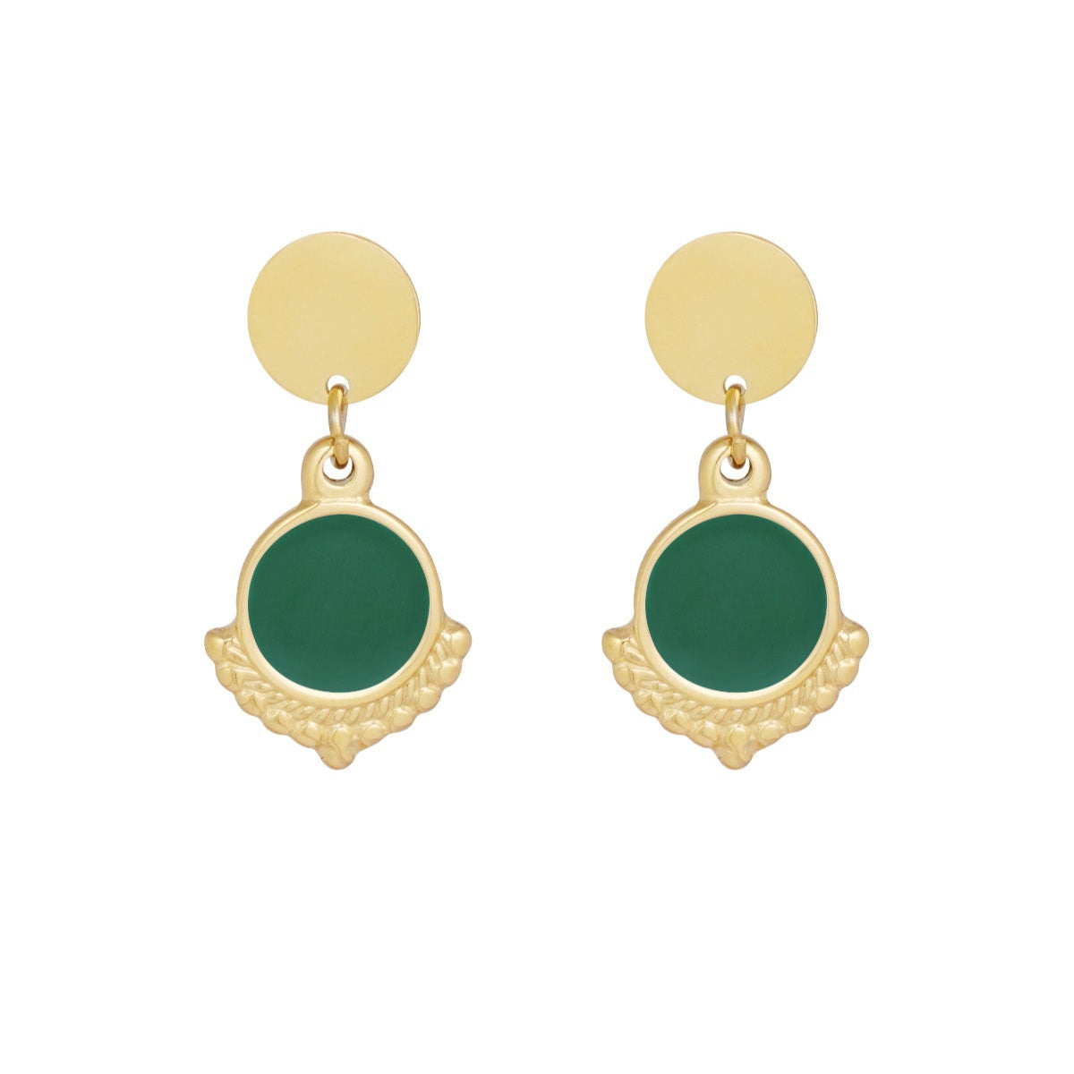 Pendientes de acero inoxidable botón oro y colgante verde acabado filigrana oro - mbyou