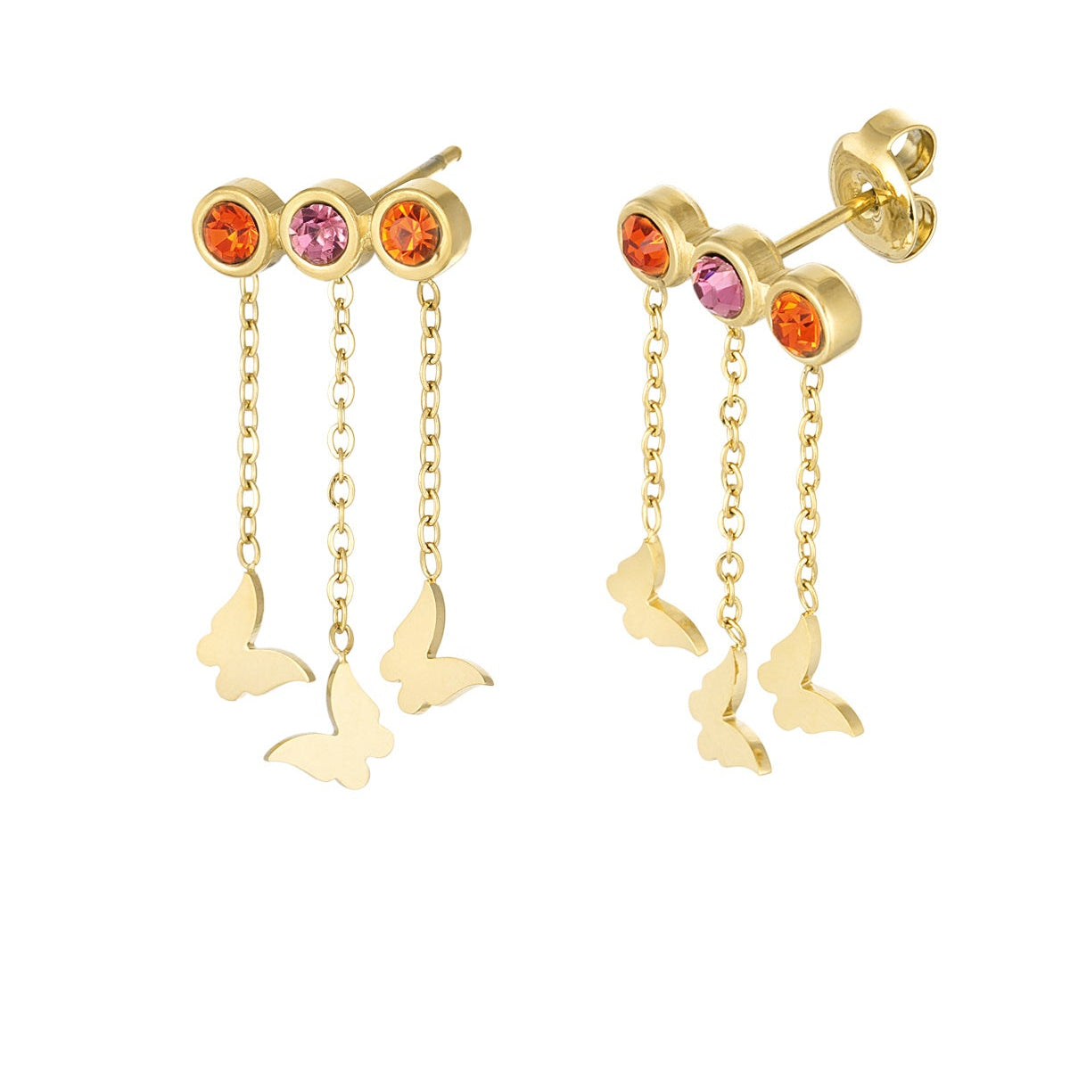 Pendientes acero brillis naranja y rosa con trío de mariposas colgantes oro - mbyou