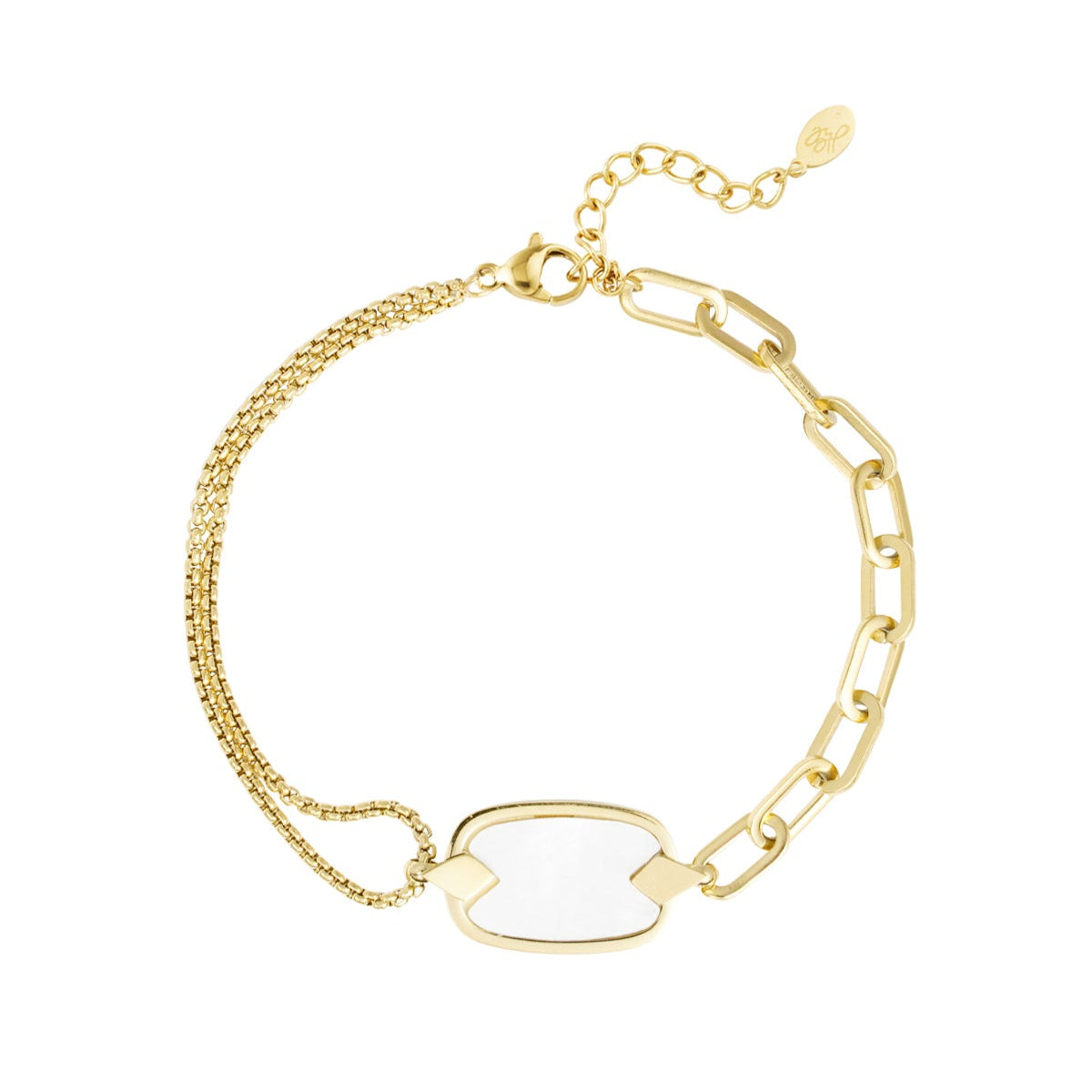 Pulsera de acero doble con doble cordón y eslabones unidos por pieza nacar acabado oro - mbyou