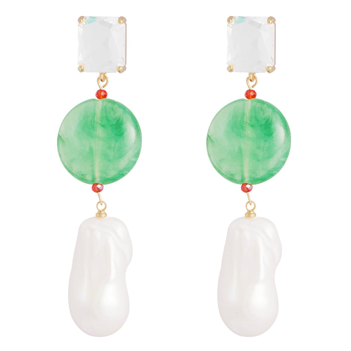 Pendientes de cristal transparente, con piedra verde y perlas XL acabado oro - mbyou