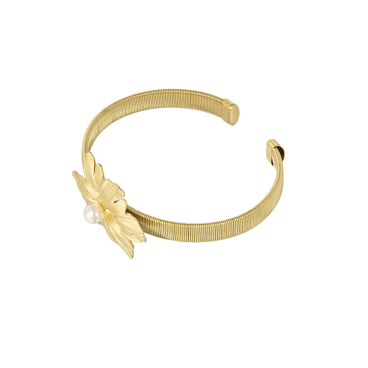 Brazalete de acero con flor y perla acabado oro