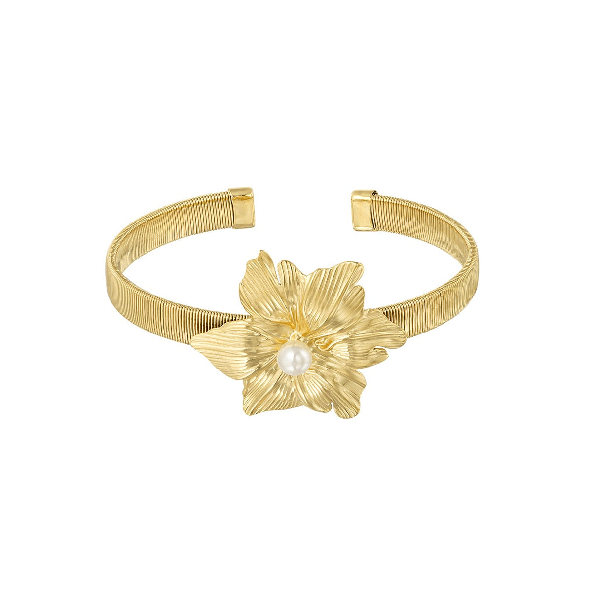 Brazalete de acero con flor y perla acabado oro