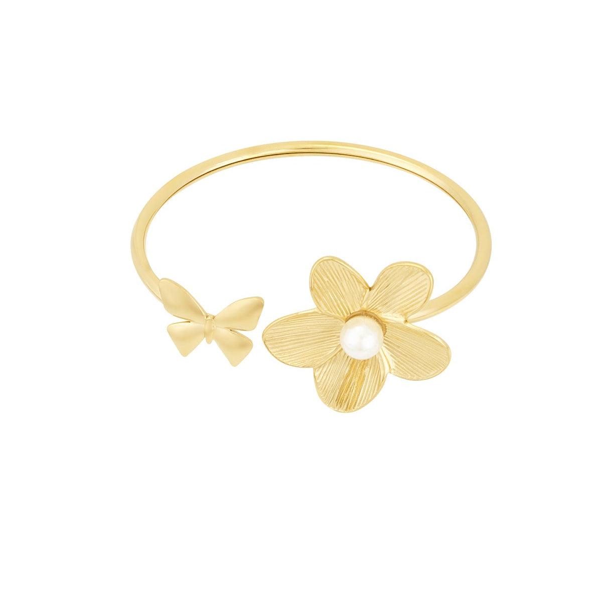 Pulsera de acero inoxidable semirígida con flor con perla y mariposa dorada - mbyou