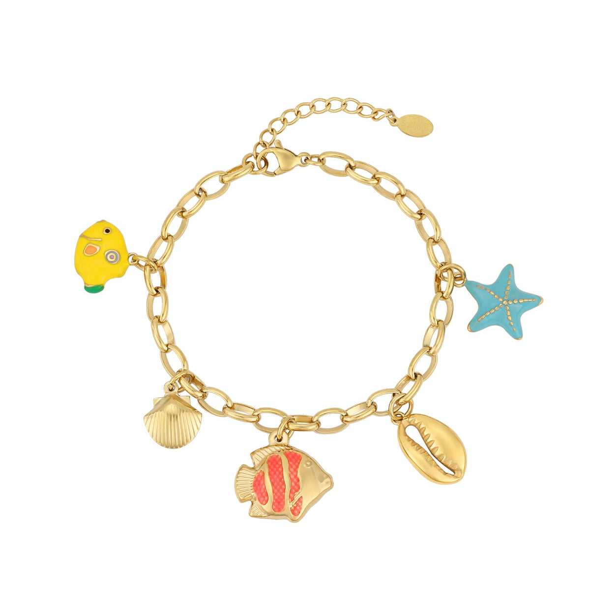 Pulsera acero de eslabones con dijes estrella, conchas y peces acabado oro - mbyou