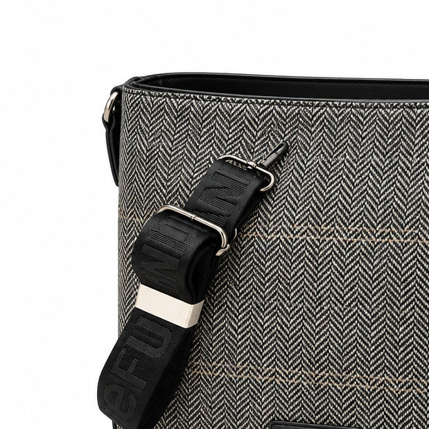 Bolso shopper tela tweed de espiga negra, gris y blanca