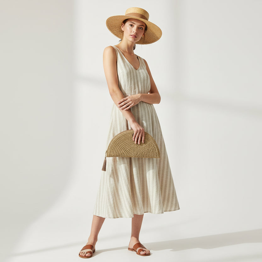 Bolso de mano 100% fibras naturales en forma de abanico en color dorado - Moments by You