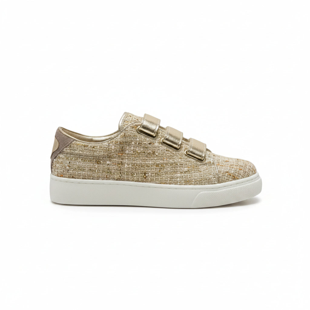 Zapatillas sneakers con diseño tejido y cierre de velcro tonos marrones y oro - Moments by You