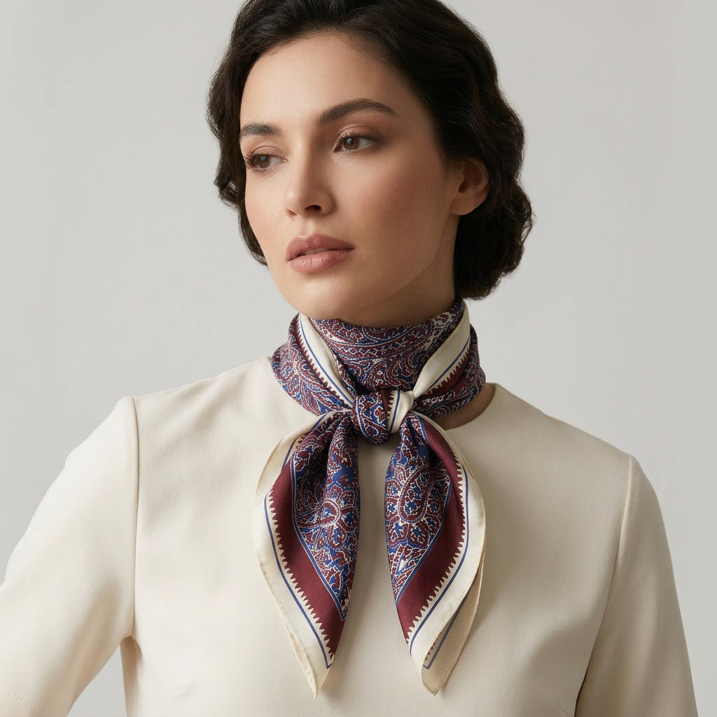 Pañuelo de cuello con un diseño paisley en burdeos y azul