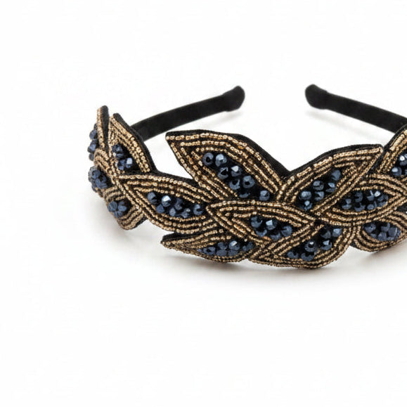 Diadema fiesta con lentejuelas en azul marino y dorado con diseño de hojas - Moments by You