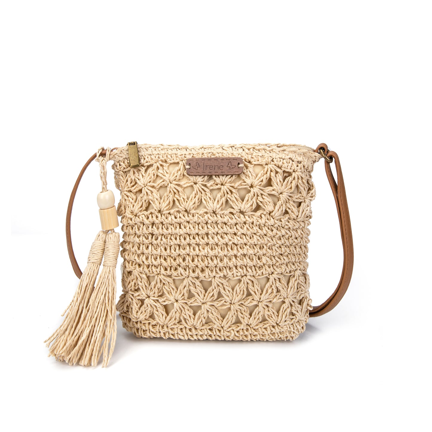 Bolso bandolera tipo rafia pequeño con borlas colgando color beige - mbyou
