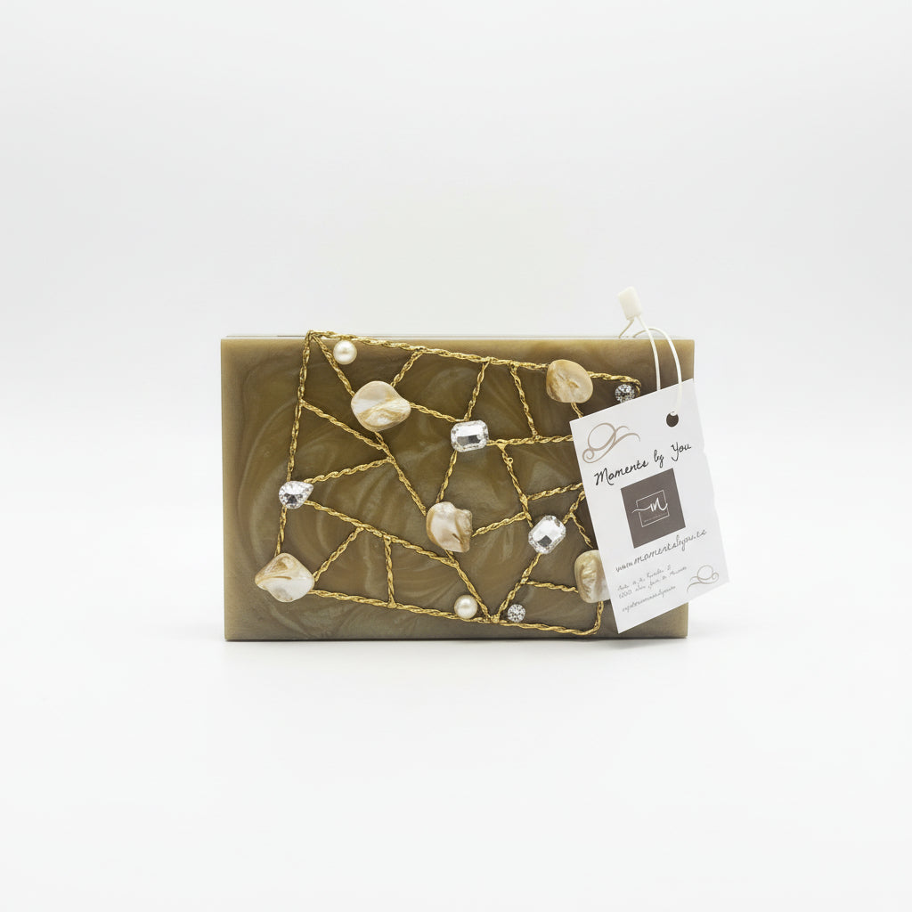 Bolso de fiesta marrón marmolado estructura geométrica decorada con piedras y circonitas - Moments by You