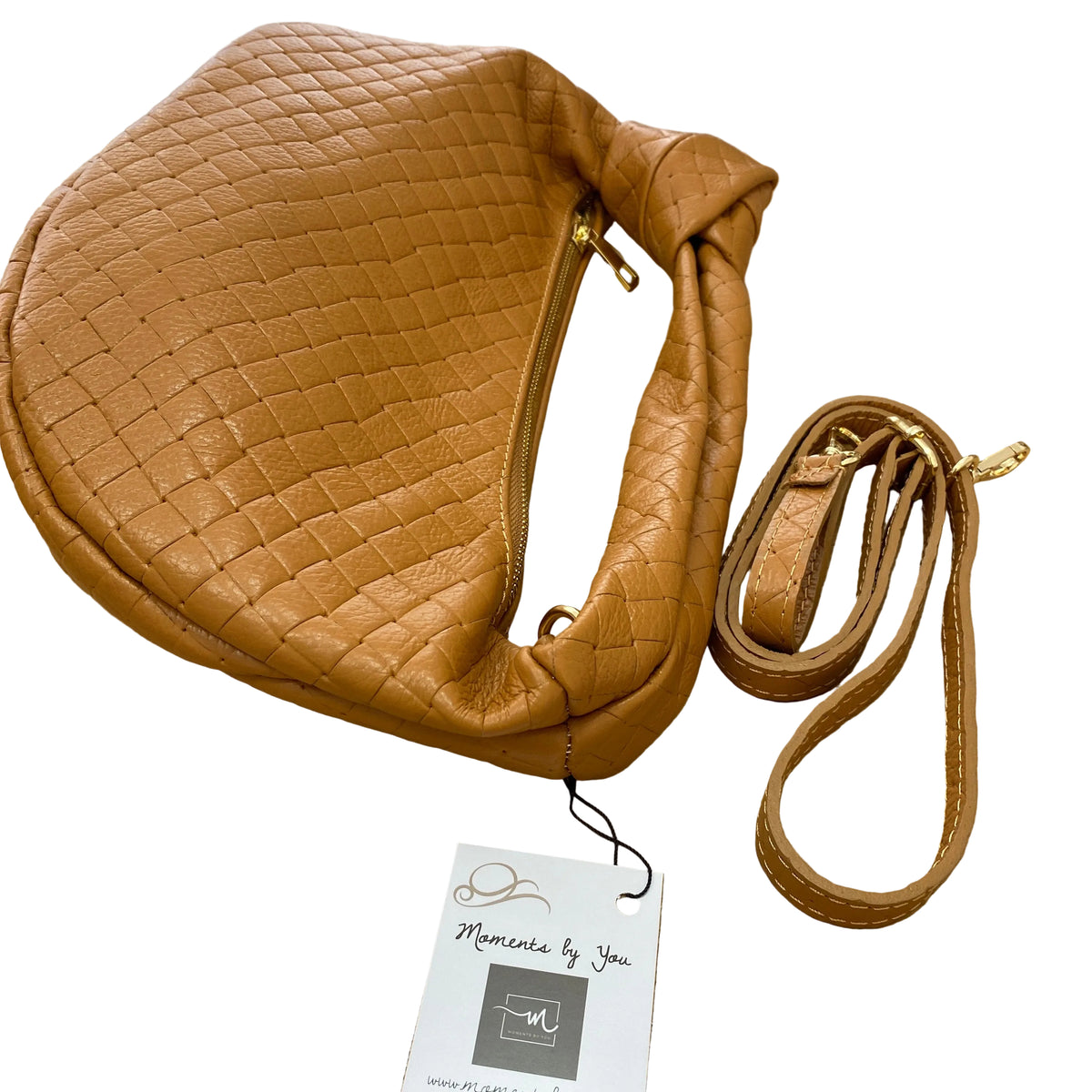 Bolso piel 100% auténtica media luna trenzado color camel - mbyou - Moments by You