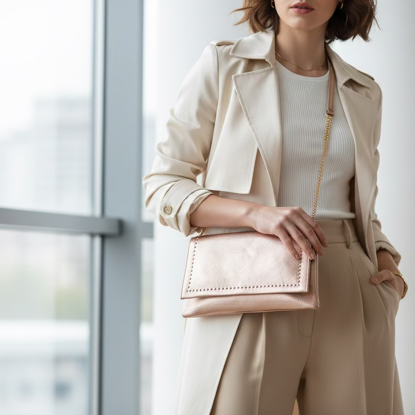 Bolso tipo sobre y piel 100% vacuno con tachuelas y en oro rosa