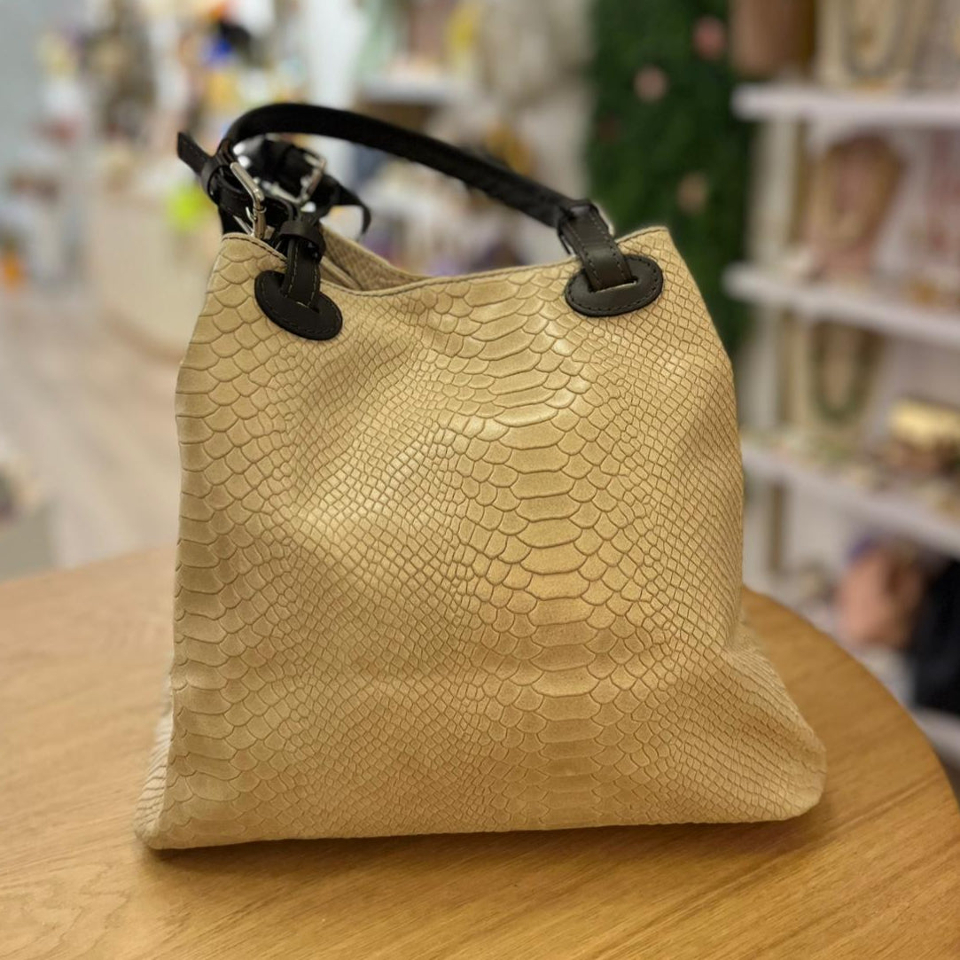 Bolso piel 100% auténtica efecto serpiente beige combinado con chocolate - mbyou