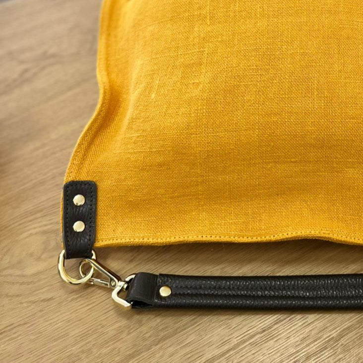 Bolso de lino y piel 100% auténtica tipo shopper color mostaza combinado con chocolate - mbyou