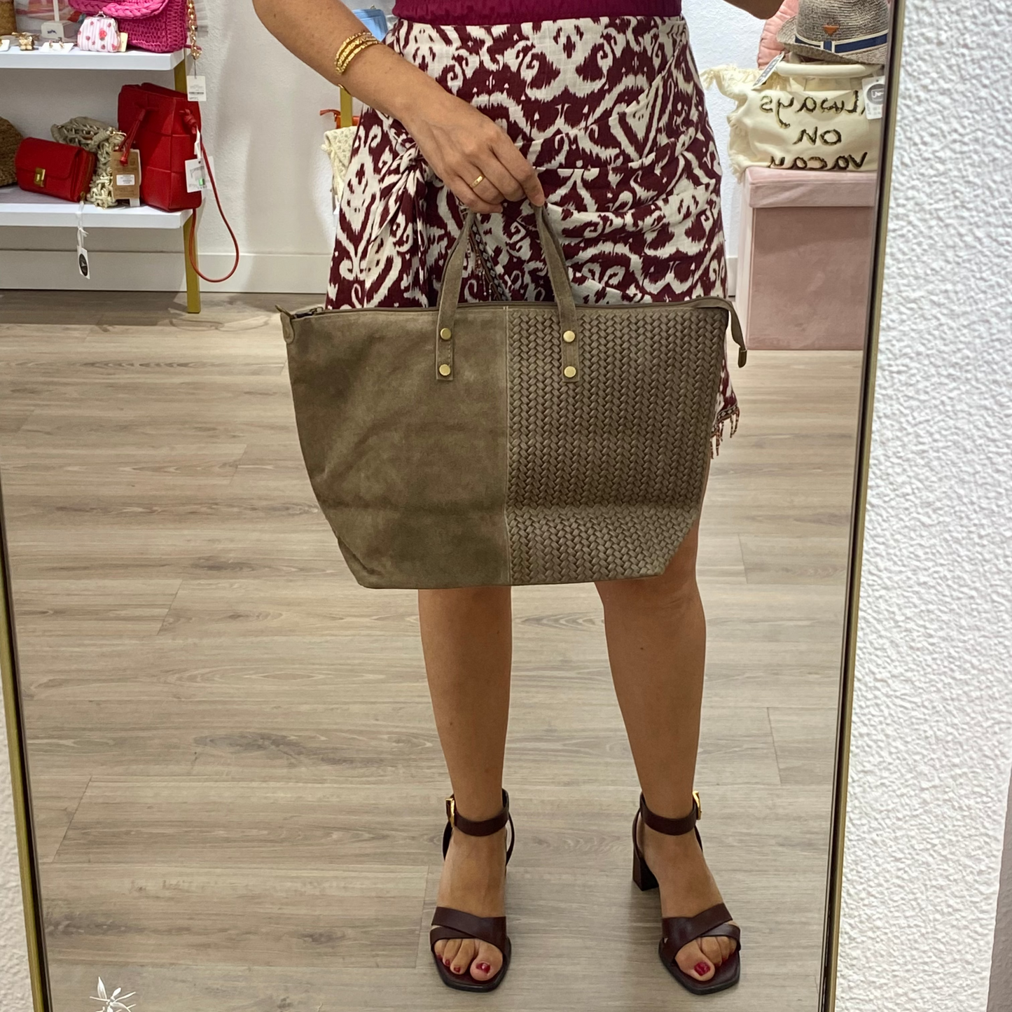 Bolso tipo shopper piel 100% vacuno combinando serraje y trenzado color granate - mbyou