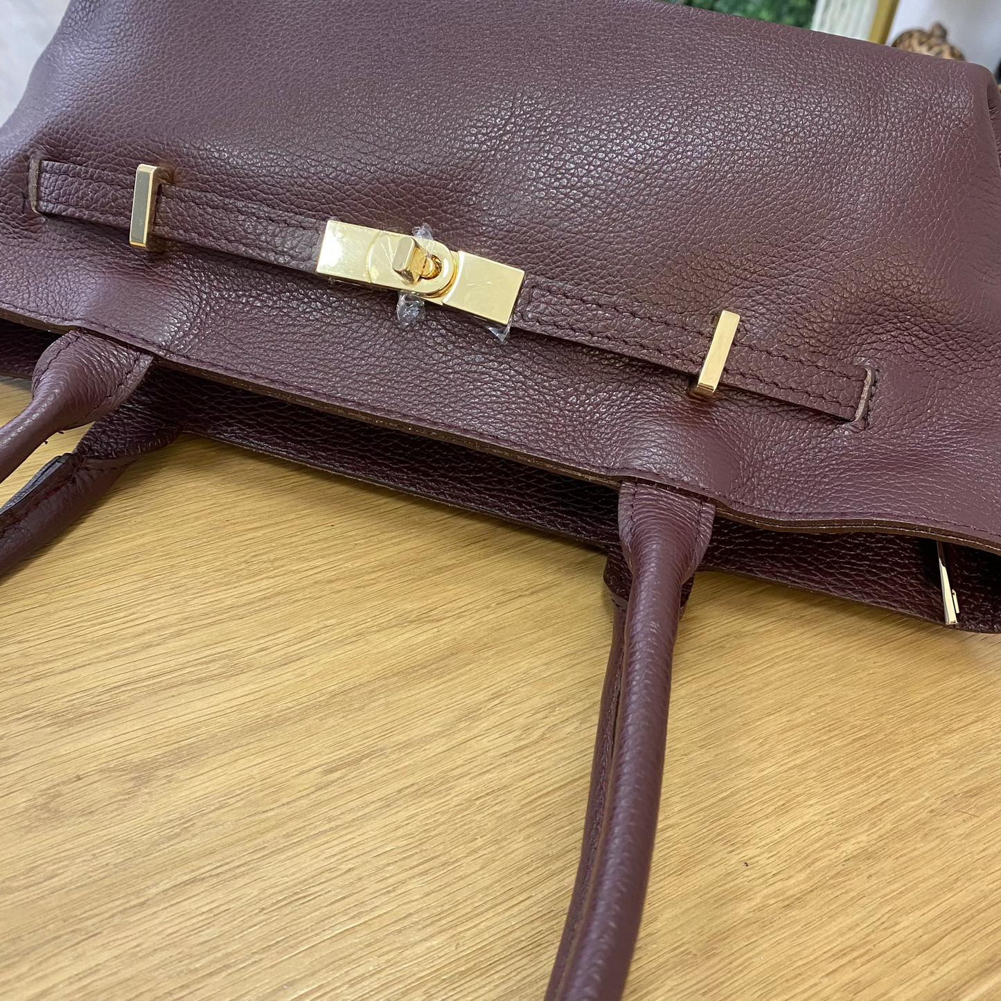 Bolso de hombro piel 100% auténtica con asas largas color burdeos