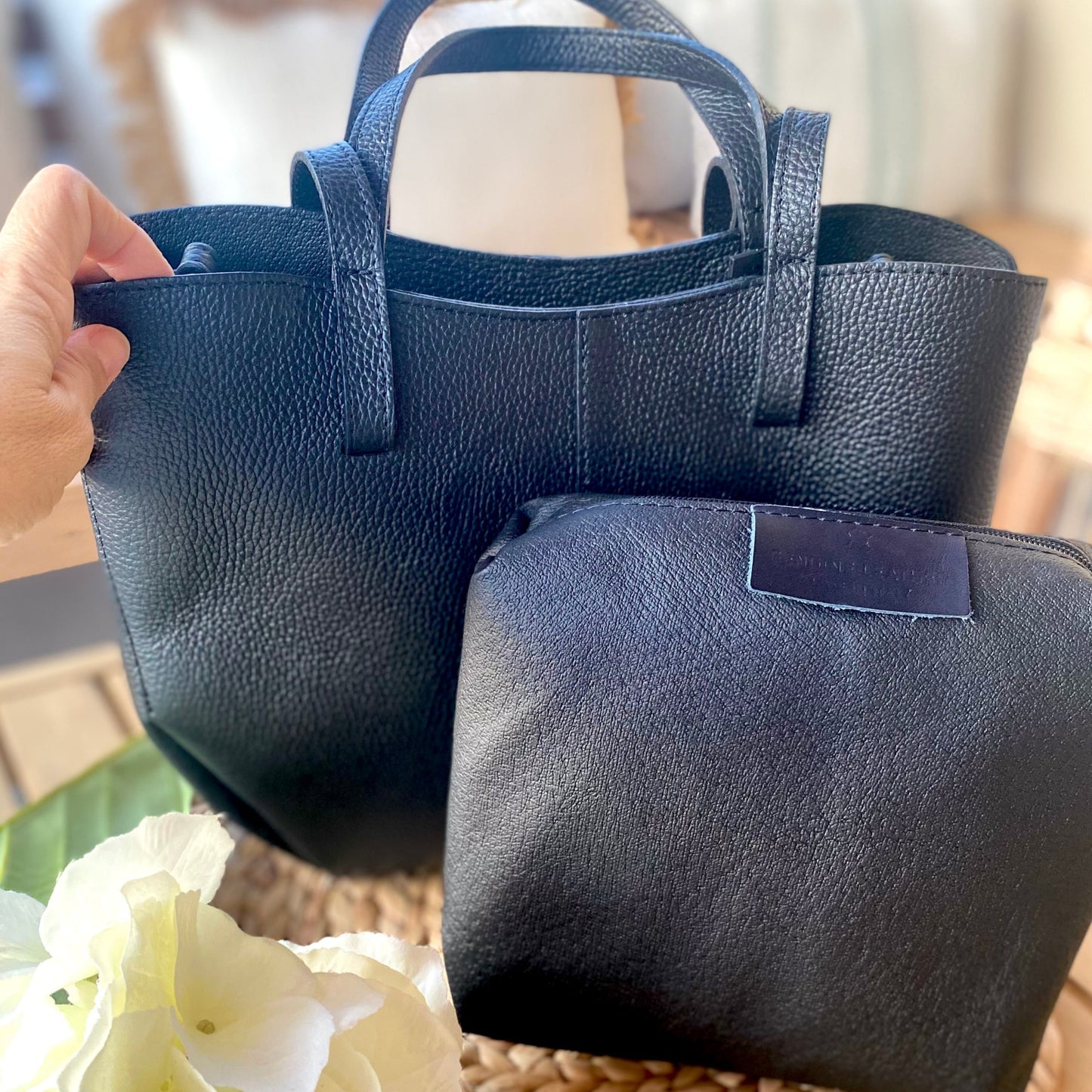 Crossbody bag with black stitching
