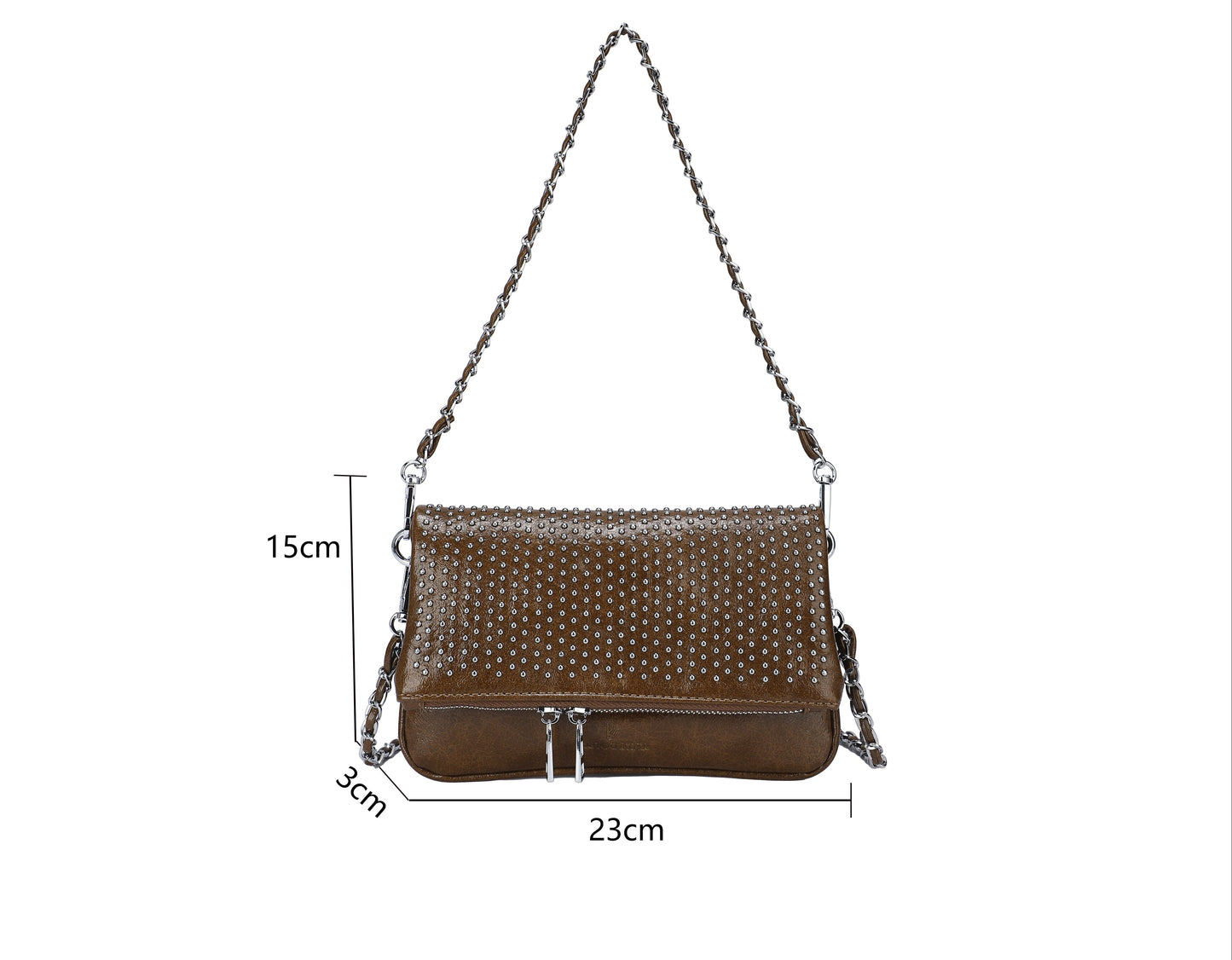 Bolso de mano y bandolera con tachuelas plateadas y solapa con cremallera en color marrón chocolate - mbyou