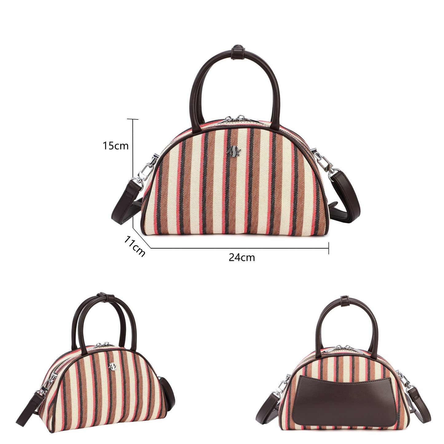 Bolso de mano pequeño con asa y rayas con rojo.