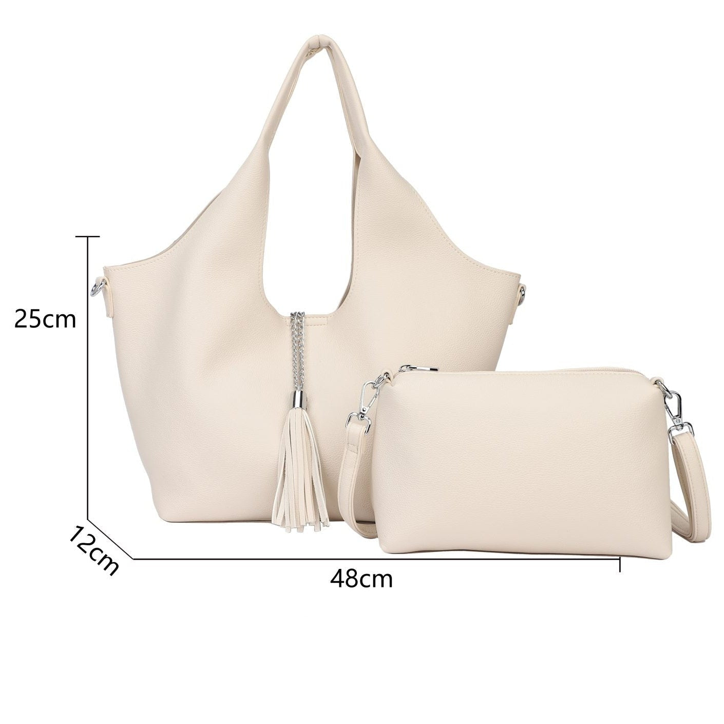 Bolso shopper y bandolera con neceser interior en blanco hueso y detalles plata