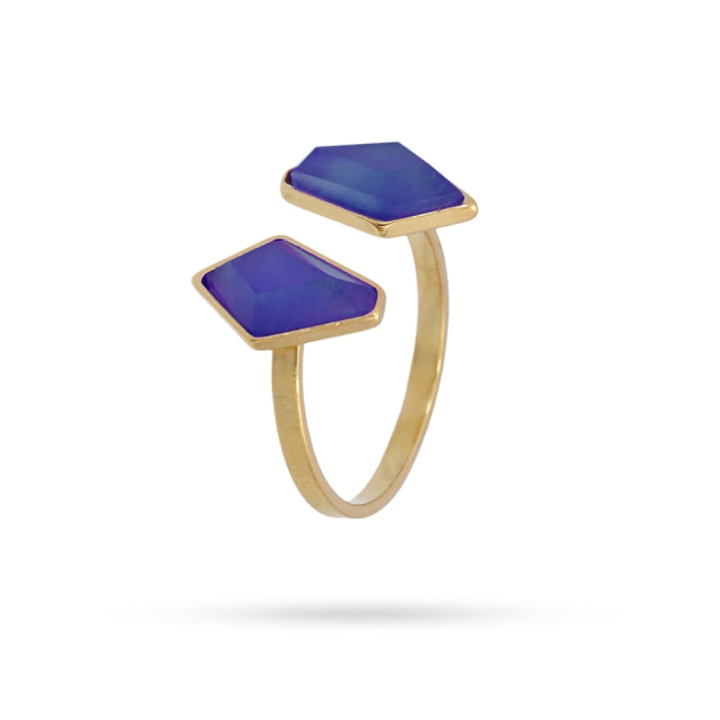 Anillo de acero con dos piedras de cristal en azul y acabado oro